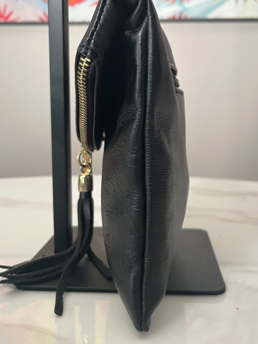 Italian Black Leather-Vera Pelle Crossbody Bag with Tassel - Picture 3 of 12